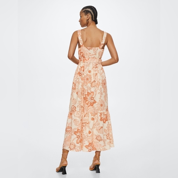 MNG Mango Orange Cream Cotton Sleeveless V-Neck Belted Flowy Martina Maxi Dress - Picture 4 of 11